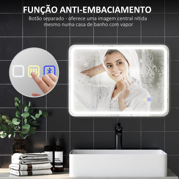 Espelho de Casa de Banho com Luz LED 70x50 cm Espelho de Parede com Bluetooth 3 Cores de Luz Relógio Digital Função Antiembaciamento Função de Memória Interruptor Tátil IP44 Prata