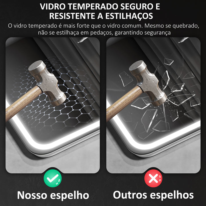 Espelho de Casa de Banho com Luz LED 70x50 cm Espelho de Parede com Bluetooth 3 Cores de Luz Relógio Digital Função Antiembaciamento Função de Memória Interruptor Tátil IP44 Prata