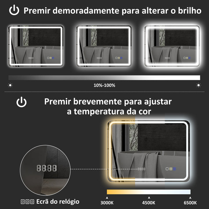 Espelho de Casa de Banho com Luz LED 70x50 cm Espelho de Parede com Bluetooth 3 Cores de Luz Relógio Digital Função Antiembaciamento Função de Memória Interruptor Tátil IP44 Prata