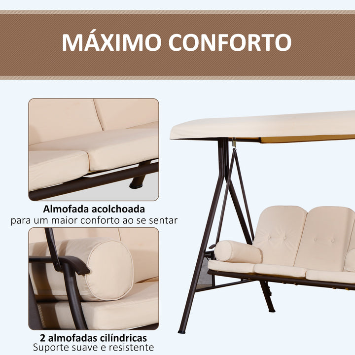 Cadeira de Balanço Jardím 3 Lugares com Teto Bandeja para Bebida Aço - Bege- 120.5x207x174cm