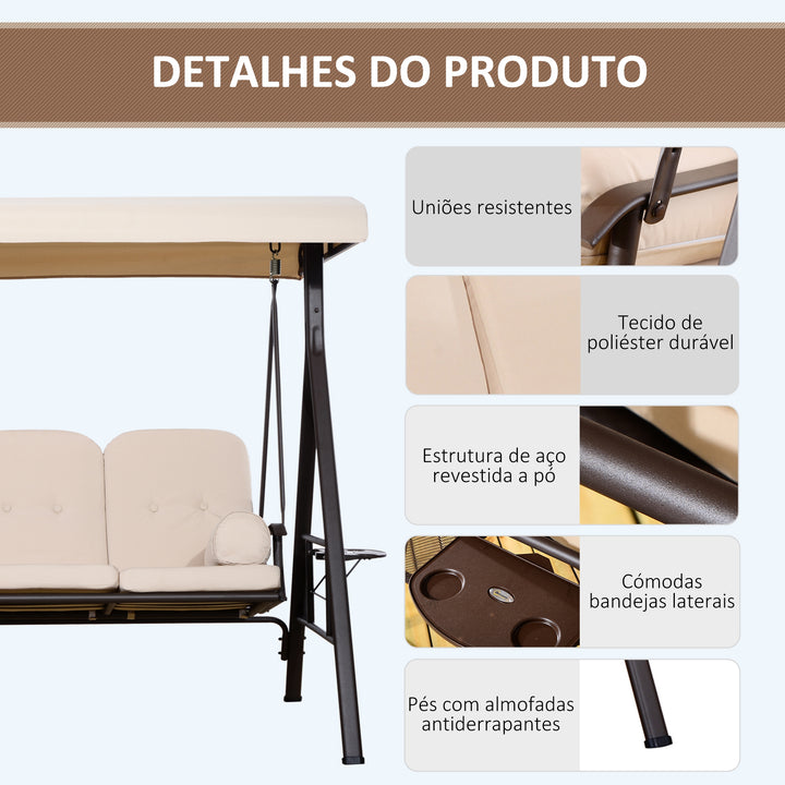 Cadeira de Balanço Jardím 3 Lugares com Teto Bandeja para Bebida Aço - Bege- 120.5x207x174cm