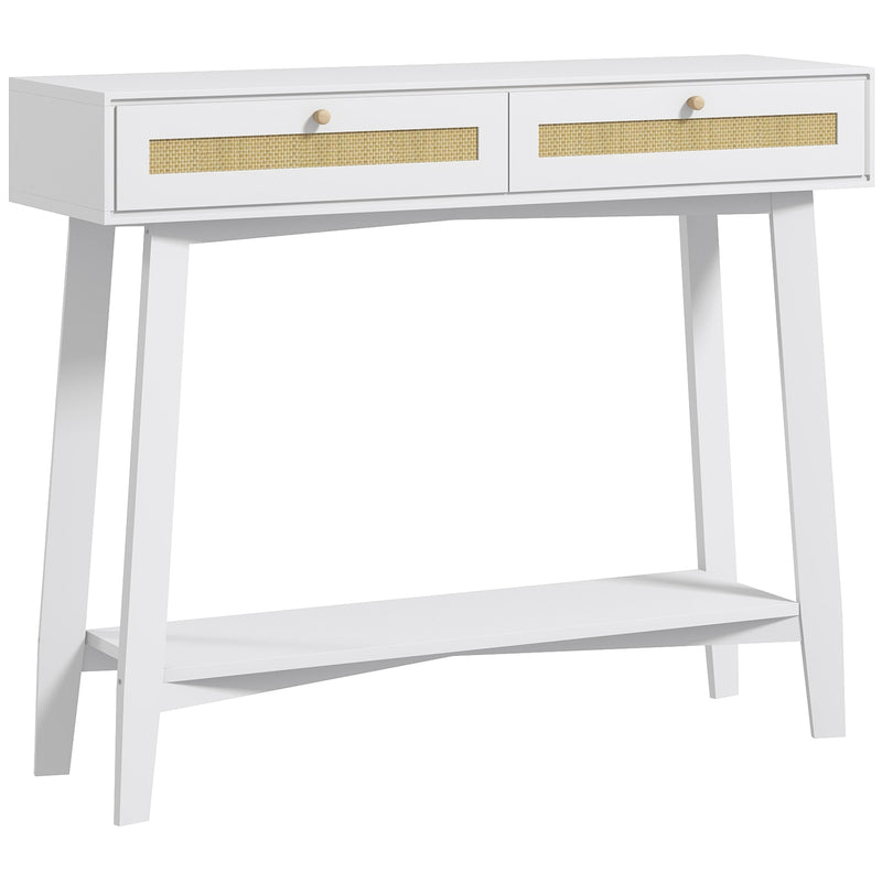 Mesa Consola para Entrada Mesa de Entrada com 2 Gavetas de Desenho de Vime e Prateleira Aberta para Sala Corredor 100x30x81 cm Branco