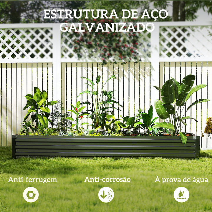 Floreira Exterior Grande Retangular em Aço Galvanizado Horta Urbana para Cultivar Plantas e Ervas Floreira com Base Aberta Resistente às Intempéries 240x60x30 cm Cinzento
