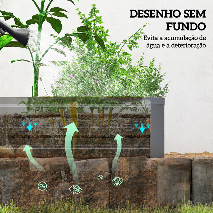 Floreira Exterior Grande Retangular em Aço Galvanizado Horta Urbana para Cultivar Plantas e Ervas Floreira com Base Aberta Resistente às Intempéries 240x60x30 cm Cinzento