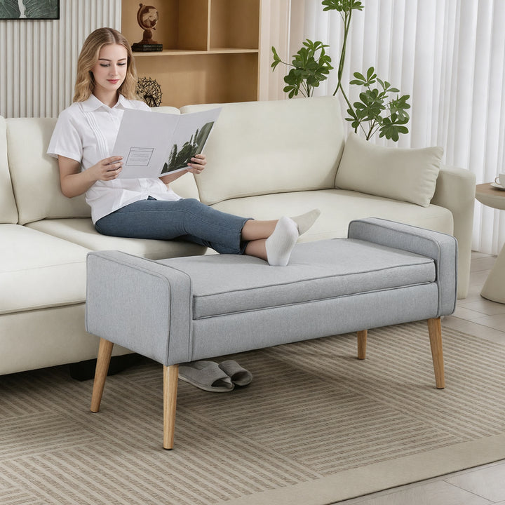 Banco de Armazenamento Baú de Armazenamento Estofado em Linho com Tampa Abatível e Pés de Madeira para Dormitório Sala de Estar Entrada Carga 120kg 120x45x54 cm Cinza Claro
