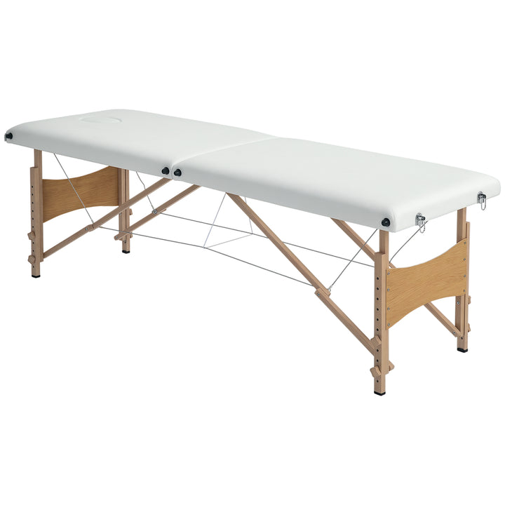 Marquesa de Massagem Dobrável Mesa de Massagem Portátil com Apoio para a Cabeça Estrutura de Madeira Altura Ajustável e Bolsa de Transporte 186x60x58-81 cm Creme