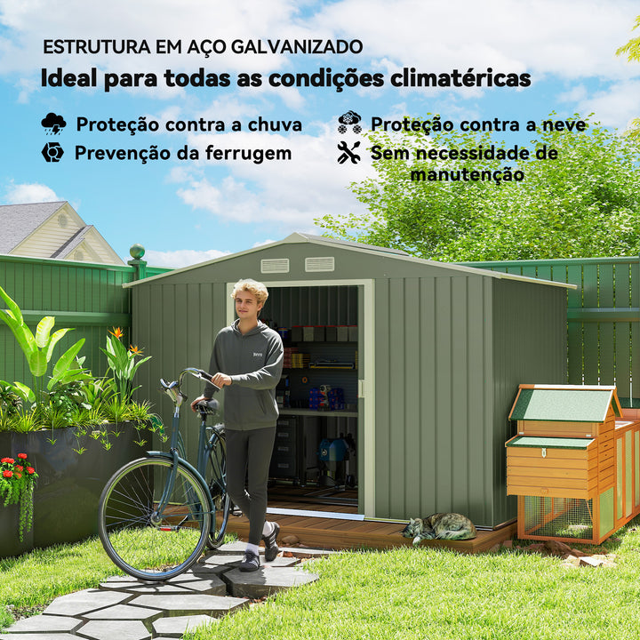 Abrigo de Jardim Exterior Abrigo e Jardim Metálico para Armazenamento de Ferramentas com Base Incluída e 4 Janelas 5,2 m² 277x195x192cm Verde Claro