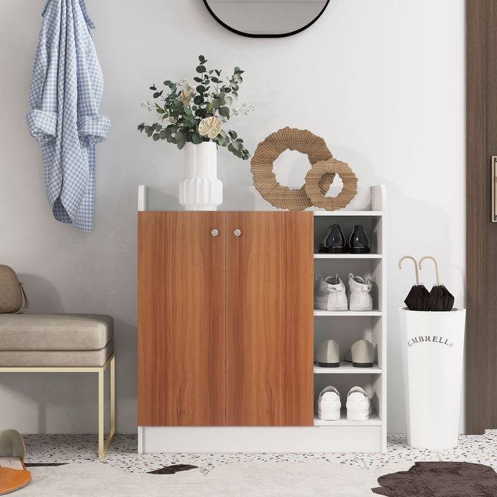 Sapateira Armário Multiuso com 2 Portas Prateleiras Interiores e 4 Prateleiras Exteriores com Altura Ajustável 83x30x90 cm Madeira
