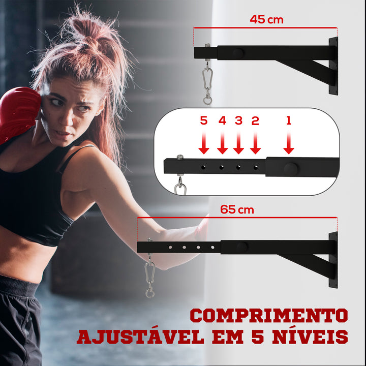 Suporte para Saco de Boxe de Parede com Distância Ajustável de 45-65 cm Gancho Giratório de 360° e Correntes para Treino em Ginásio e Casa Carga 60 kg Preto