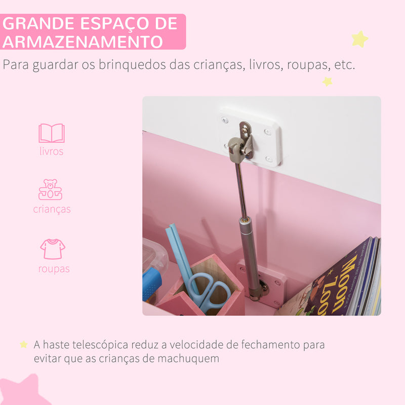 Baú de Brinquedos Banco de Armazenamento Infantil de Madeira de Pinho com Tampa de Amortecimento e Encosto Alto para Crianças acima de 2 anos Sala de Jogos Habitação 60x30x50 cm Rosa