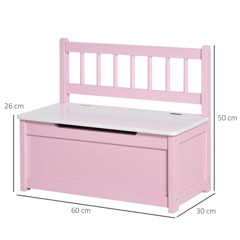 Baú de Brinquedos Banco de Armazenamento Infantil de Madeira de Pinho com Tampa de Amortecimento e Encosto Alto para Crianças acima de 2 anos Sala de Jogos Habitação 60x30x50 cm Rosa