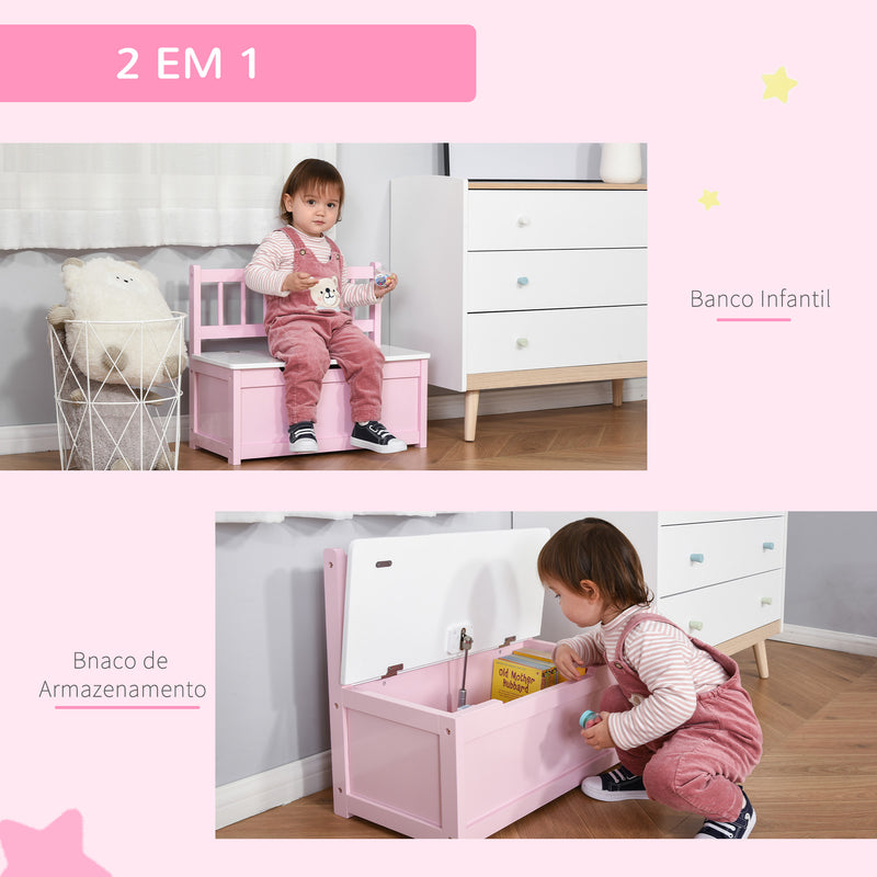 Baú de Brinquedos Banco de Armazenamento Infantil de Madeira de Pinho com Tampa de Amortecimento e Encosto Alto para Crianças acima de 2 anos Sala de Jogos Habitação 60x30x50 cm Rosa