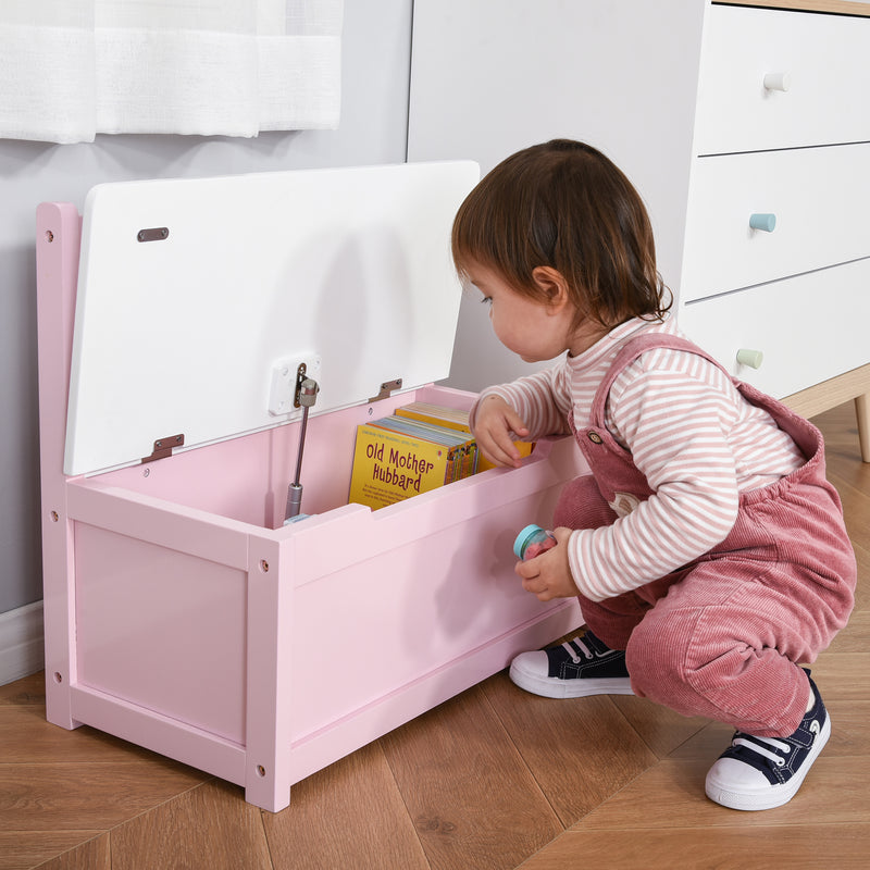 Baú de Brinquedos Banco de Armazenamento Infantil de Madeira de Pinho com Tampa de Amortecimento e Encosto Alto para Crianças acima de 2 anos Sala de Jogos Habitação 60x30x50 cm Rosa