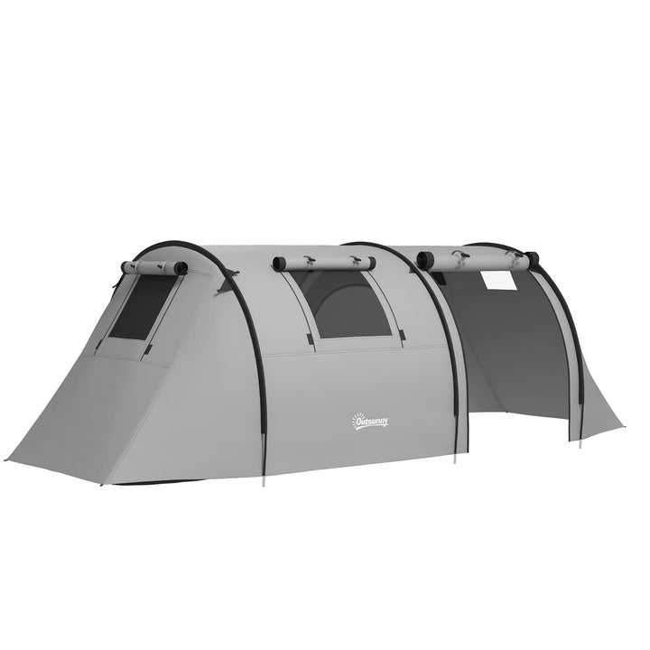Tenda de Campismo Familiar para 3 Pessoas Tenda Campismo Dobrável Leve com Portas Janelas Gancho e Bolsa de Transporte Impermeável 3000 mm para Praia Caminhadas 470x220x150 cm Cinzento