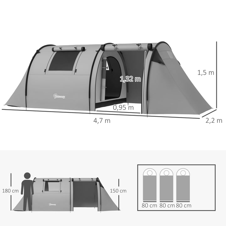 Tenda de Campismo Familiar para 3 Pessoas Tenda Campismo Dobrável Leve com Portas Janelas Gancho e Bolsa de Transporte Impermeável 3000 mm para Praia Caminhadas 470x220x150 cm Cinzento