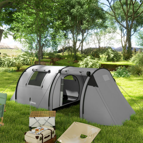 Tenda de Campismo Familiar para 3 Pessoas Tenda Campismo Dobrável Leve com Portas Janelas Gancho e Bolsa de Transporte Impermeável 3000 mm para Praia Caminhadas 470x220x150 cm Cinzento