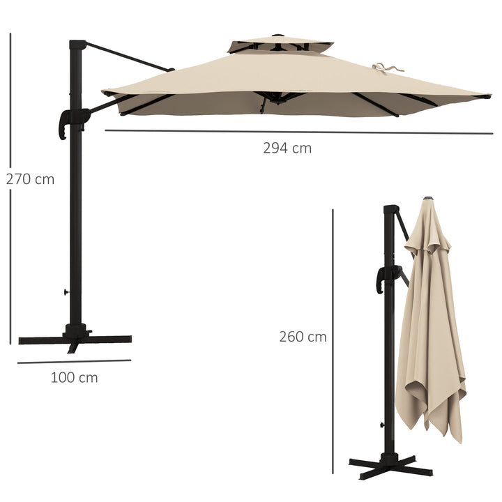 Chapéu de Sol de Alumínio Ø295x270 cm Chapéu de Sol Excêntrico com Manivela Teto Duplo Inclinável Mastro Giratório 360° com Pedal e Base Cruzada para Pátio Varanda Cáqui