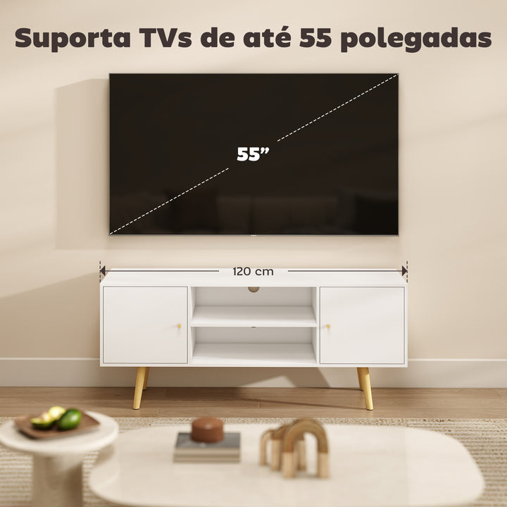 Móvel de TV de Sala de Estar Móvel para Televisores de até 55 Polegadas com 2 Portas 2 Prateleiras de Armazenamento para Escritório Dormitório 120x34x50cm Branco
