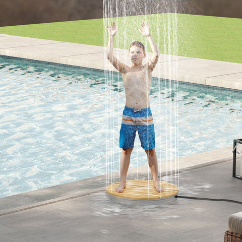 Kit de Duche de Jardim Portátil Duche Exterior de Chão Altura Ajustável até 4 m Estrutura de Alumínio Resistente à Água aos Raios UV para Campismo Piscina Praia Ø70,5x7,5 cm Madeira