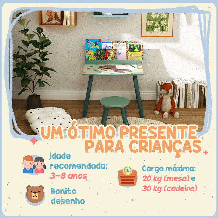 Mesa e Cadeira para Crianças Conjunto de 2 Peás de Mesa Infantil com Cadeira e Prateleira para Livros Secretária para Crianças acima de 3 Anos para Sala de Jogos Dormitório Verde