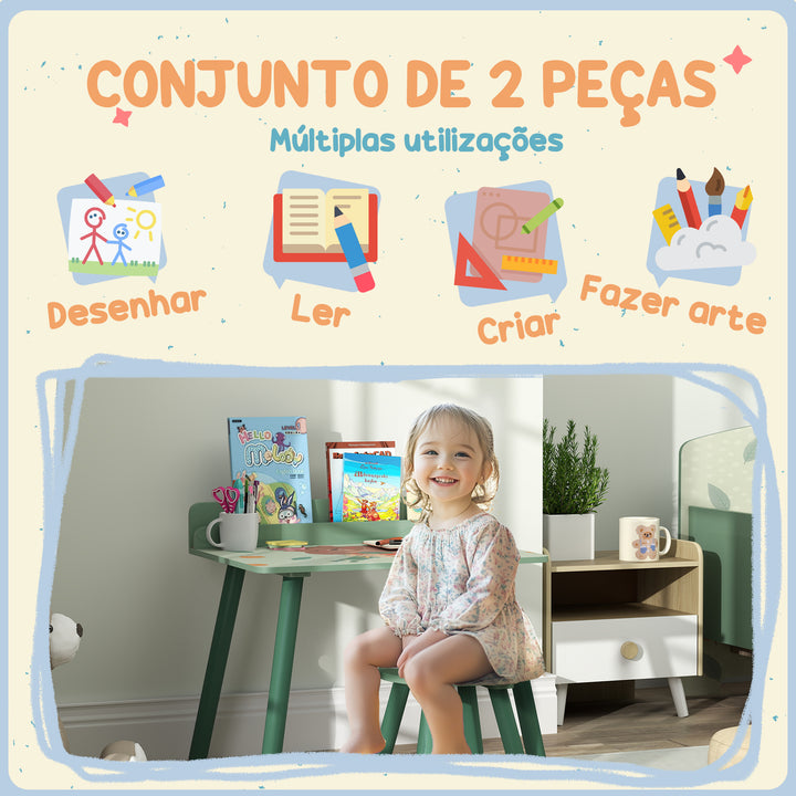 Mesa e Cadeira para Crianças Conjunto de 2 Peás de Mesa Infantil com Cadeira e Prateleira para Livros Secretária para Crianças acima de 3 Anos para Sala de Jogos Dormitório Verde
