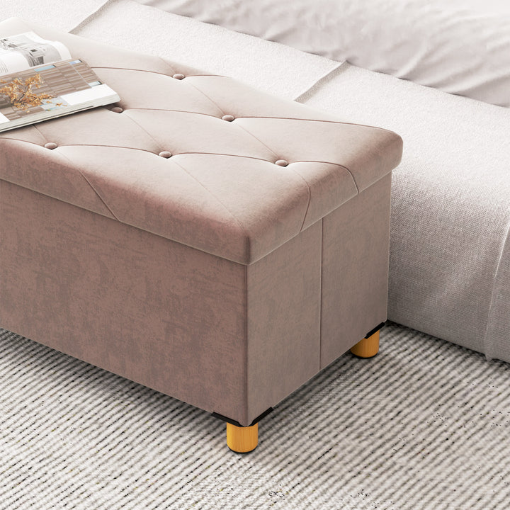 Banco de Armazenamento Dobrável Puff de Armazenamento Capacidade de 67 L Estofado em Veludo Baú de Armazenamento Quarto Carga 120 kg para Sala de Estar Entrada 76x38x38 cm Rosa Claro