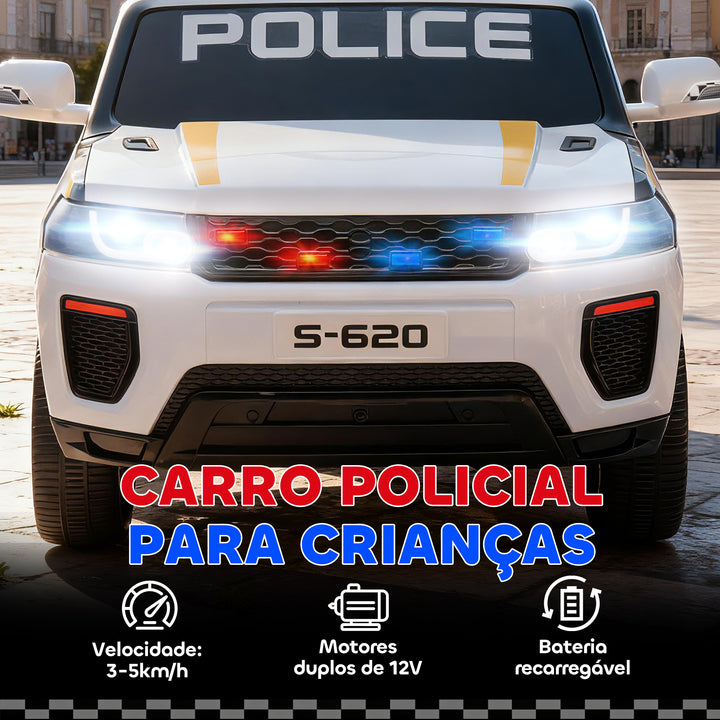 Carro Elétrico para Crianças de Polícia Carro a Bateria 12V com Motor Duplo Controlo Remoto 2,4 G Suspensão em 4 Rodas Sirene Faróis LED Porta USB Bluetooth e Música Branco
