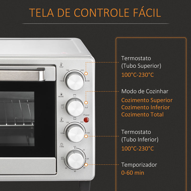 Mini Forno de Convecção 32L 16000 com 3 Modos de Aquecimento Temperatura até 230 °C Temporizador Bandeja de Assar Ajustável em 3 Níveis 52,2x38,1x33,5cm Prata