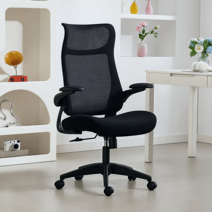 Cadeira de Escritório Ergonómica Cadeira de Escritório Giratória com Suporte Lombar e Apoios de Braços 3D Dobráveis Apoio de Cabeça Integrado Função de Basculante e Altura Ajustável 64x65x108-118 cm Preto