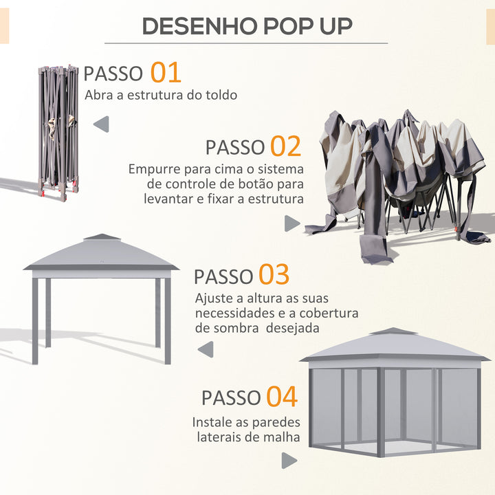 Tenda Dobrável Exterior 3,3x3,3 m com Altura Ajustável Tenda de Jardim com Teto Duplo 4 Mosquiteiras Removíveis e Bolsa de Transporte para Acampamento Festas Cinza