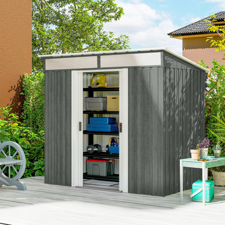 Abrigo de Jardim Exterior 2 m² 195x122x181,5 cm Abrigo Metálico com Base SEM CHÃO 2 Portas de Correr Janelas e Ganchos para Ferramentas Cinza Claro