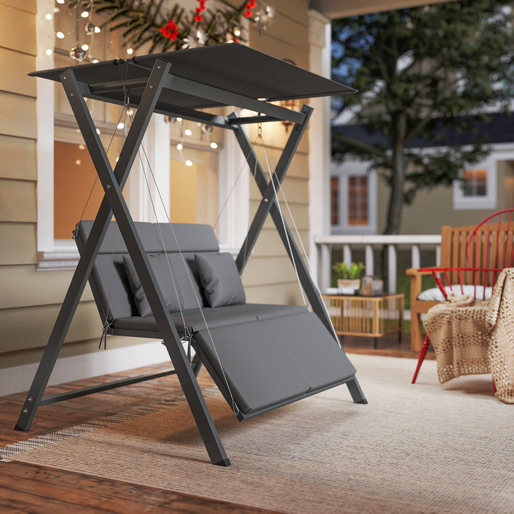 Baloiço de Jardim de 2 Lugares Baloiço de Exterior Convertível em Cama com Toldo Ajustável Proteção UV30+ e Almofadas Carga 220 kg 142x130x168 cm Cinzento Escuro