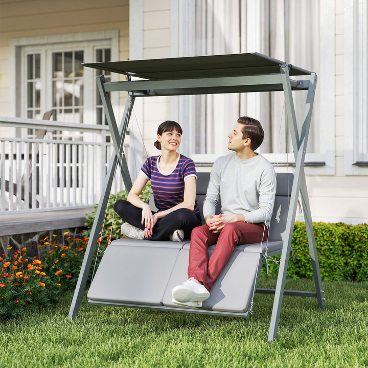 Baloiço de Jardim de 2 Lugares Baloiço de Exterior Convertível em Cama com Toldo Ajustável Proteção UV30+ e Almofadas Carga 220 kg 142x130x168 cm Cinzento Escuro