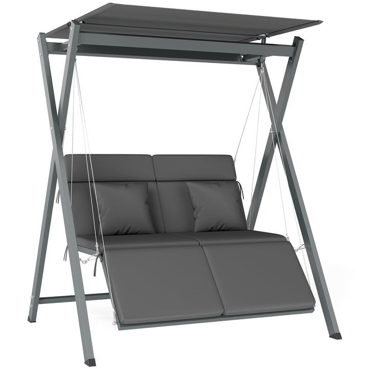 Baloiço de Jardim de 2 Lugares Baloiço de Exterior Convertível em Cama com Toldo Ajustável Proteção UV30+ e Almofadas Carga 220 kg 142x130x168 cm Cinzento Escuro