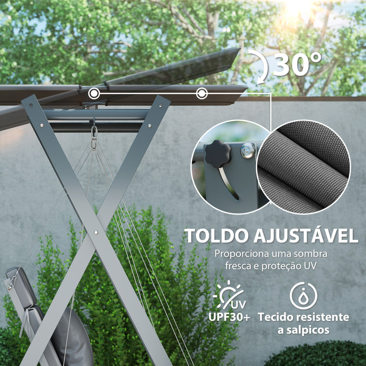 Baloiço de Jardim de 2 Lugares Baloiço de Exterior Convertível em Cama com Toldo Ajustável Proteção UV30+ e Almofadas Carga 220 kg 142x130x168 cm Cinzento Escuro