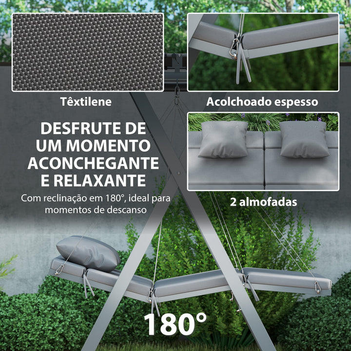 Baloiço de Jardim de 2 Lugares Baloiço de Exterior Convertível em Cama com Toldo Ajustável Proteção UV30+ e Almofadas Carga 220 kg 142x130x168 cm Cinzento Escuro