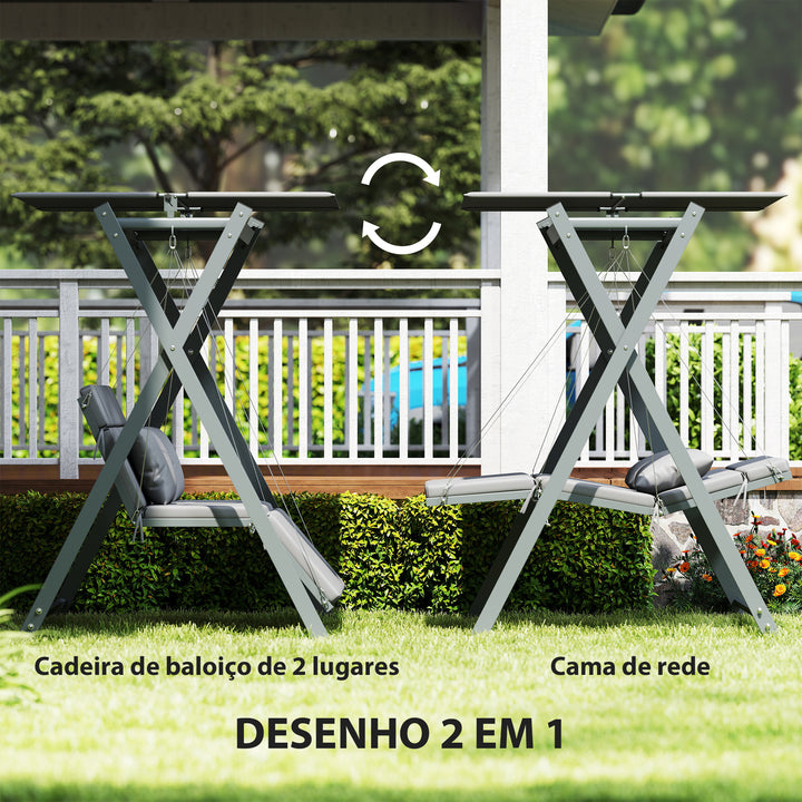 Baloiço de Jardim de 2 Lugares Baloiço de Exterior Convertível em Cama com Toldo Ajustável Proteção UV30+ e Almofadas Carga 220 kg 142x130x168 cm Cinzento Escuro