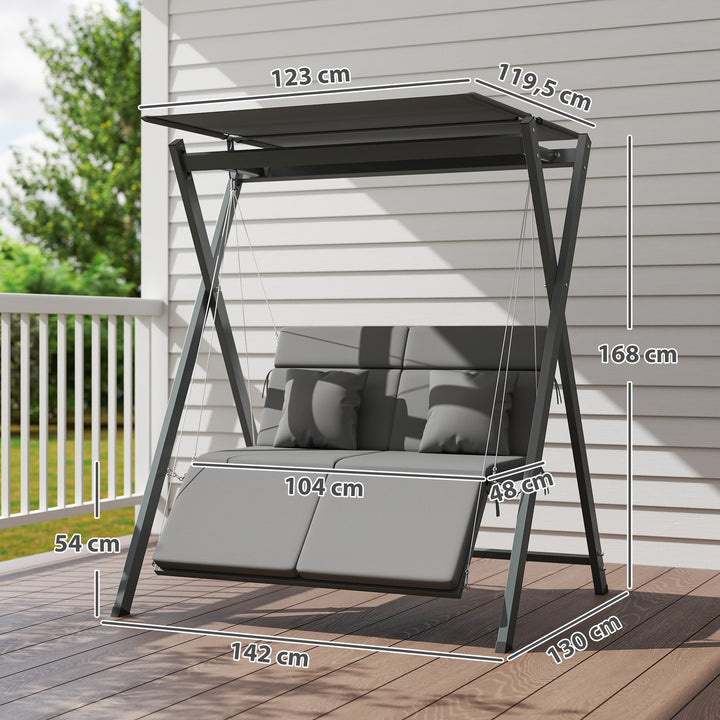 Baloiço de Jardim de 2 Lugares Baloiço de Exterior Convertível em Cama com Toldo Ajustável Proteção UV30+ e Almofadas Carga 220 kg 142x130x168 cm Cinzento Escuro