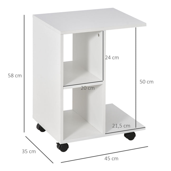 Mesa de Apoio para Sofá em forma de C com prateleiras e rodas para sala de estar e quarto 45x35x58 cm Branco