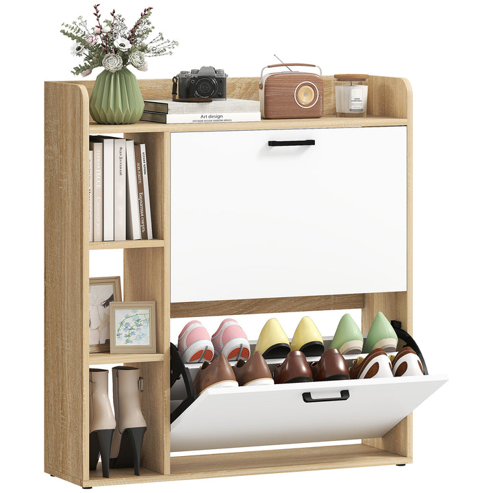 Sapateira Estreita 2 Portas Sapateira para Entrada Corredor com 3 Prateleiras Laterais e Prateleiras Ajustáveis para 15 Pares de Sapatos Para Corredor Espaço Reduzido 83x24x90,5 cm Madeira e Branco
