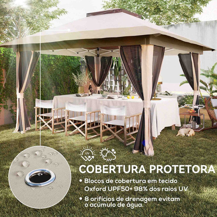 Tenda Dobrável 3,6x3,6 m Tenda Dobrável com 4 Paredes Laterais de Rede Anti-UV Altura Ajustável Sacos de Areia e Bolsa de Transporte Bege
