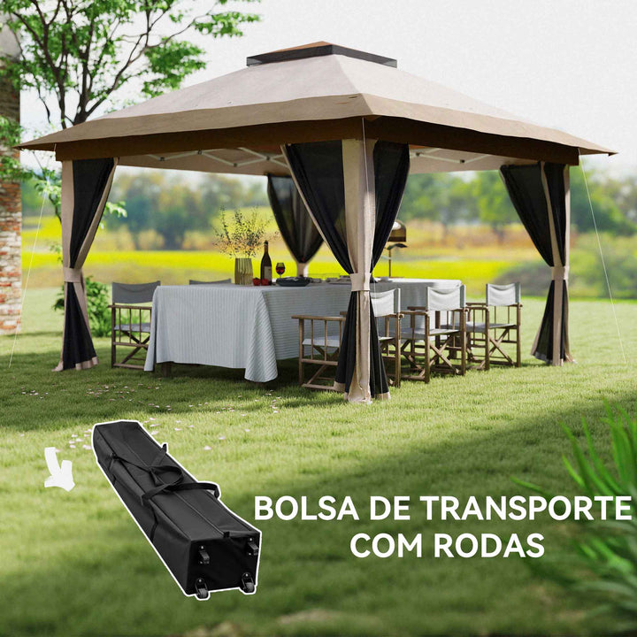 Tenda Dobrável 3,6x3,6 m Tenda Dobrável com 4 Paredes Laterais de Rede Anti-UV Altura Ajustável Sacos de Areia e Bolsa de Transporte Bege