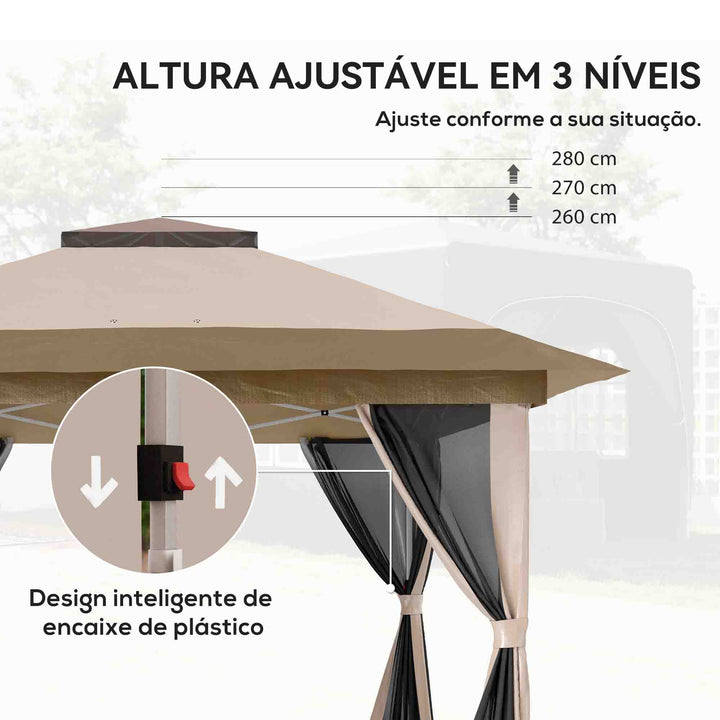 Tenda Dobrável 3,6x3,6 m Tenda Dobrável com 4 Paredes Laterais de Rede Anti-UV Altura Ajustável Sacos de Areia e Bolsa de Transporte Bege