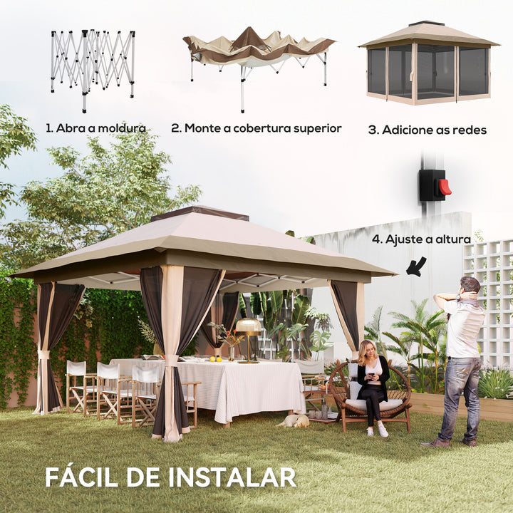 Tenda Dobrável 3,6x3,6 m Tenda Dobrável com 4 Paredes Laterais de Rede Anti-UV Altura Ajustável Sacos de Areia e Bolsa de Transporte Bege