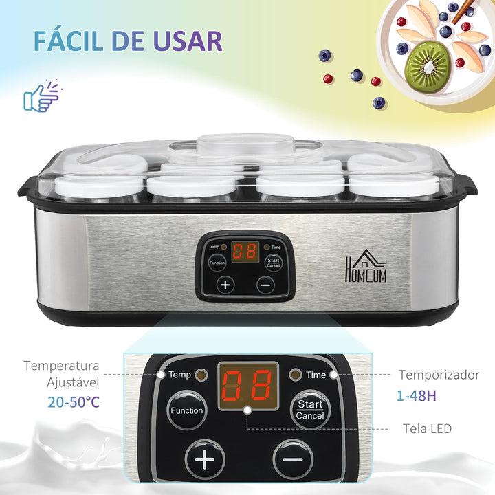 Iogurteira 30W Volume 1,44L com 8 Frascos de Cristal de 180ml Termostato Ajustável Temporizador de 1-48 Horas e Desligado Automático 36x18,8x14cm Prata