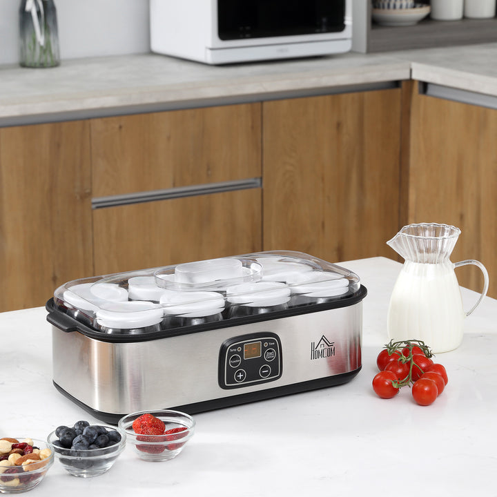Iogurteira 30W Volume 1,44L com 8 Frascos de Cristal de 180ml Termostato Ajustável Temporizador de 1-48 Horas e Desligado Automático 36x18,8x14cm Prata