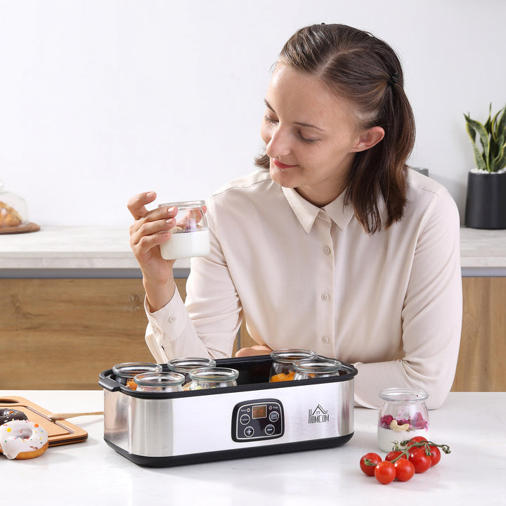 Iogurteira 30W Volume 1,44L com 8 Frascos de Cristal de 180ml Termostato Ajustável Temporizador de 1-48 Horas e Desligado Automático 36x18,8x14cm Prata
