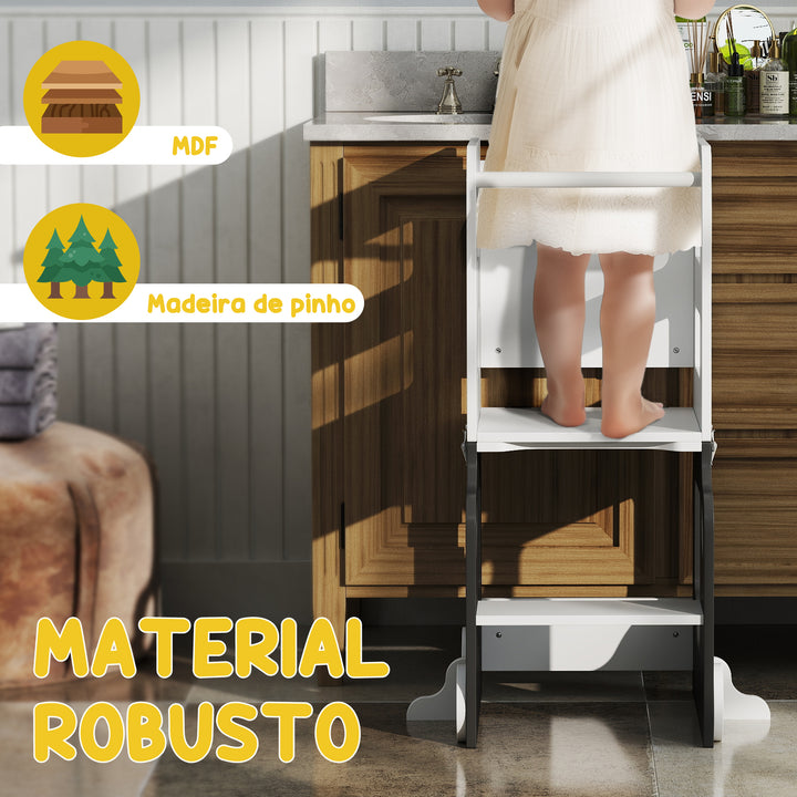 Torre de Aprendizagem 4 em 1 Torre de Aprendizagem para Crianças acima de 3 Anos em Forma de Carro Convertível em Mesa e Cadeira com Ardósia Barreira de Segurança 58x46x92 cm Branco e Cinza