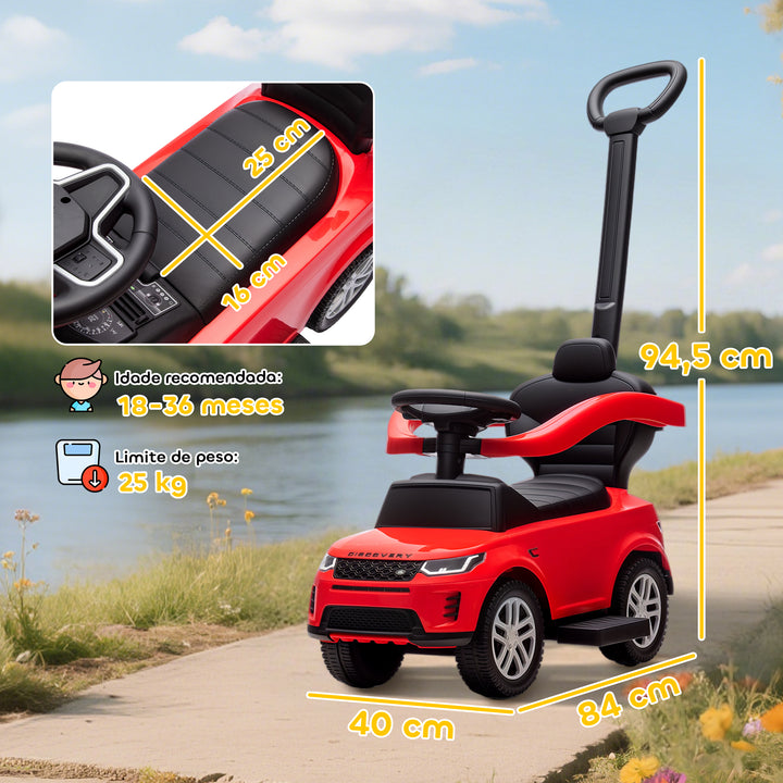 Carro Andador 2 em 1 para Crianças de 18-36 Meses Carro Andador Land Rover Discovery com Espaço de Armazenamento Buzina Volante Pega de Empurrar e Barra Removíveis 84x40x94,5 cm Vermelho