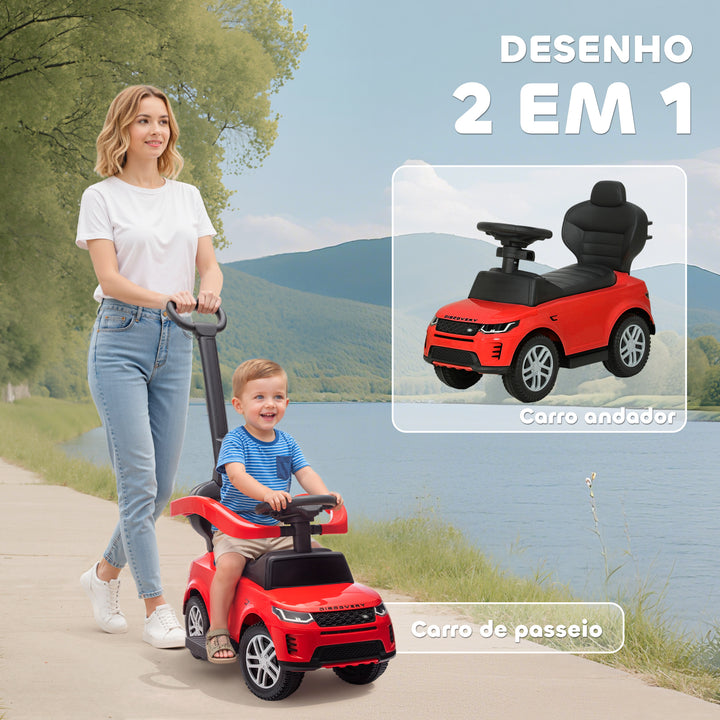 Carro Andador 2 em 1 para Crianças de 18-36 Meses Carro Andador Land Rover Discovery com Espaço de Armazenamento Buzina Volante Pega de Empurrar e Barra Removíveis 84x40x94,5 cm Vermelho